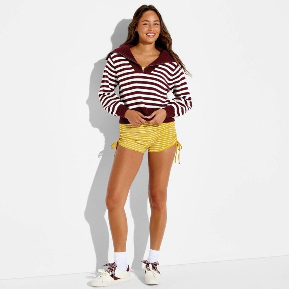 Women's Long Sleeve Quarter Zip Polo Sweater - Wild Fable Maroon Striped L